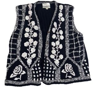 Susan‎ Bristol Hand Embroidered Black Rose Floral Vest Size S Cottagecore